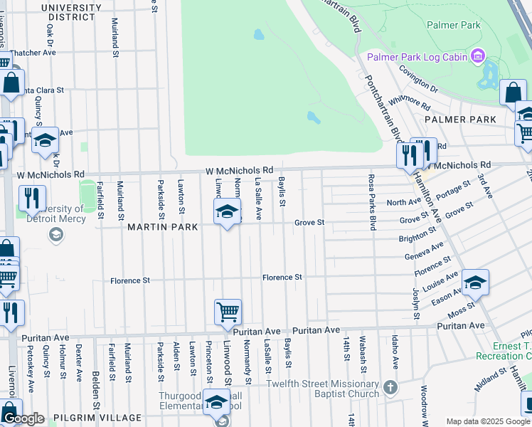 map of restaurants, bars, coffee shops, grocery stores, and more near 16820 La Salle Avenue in Detroit