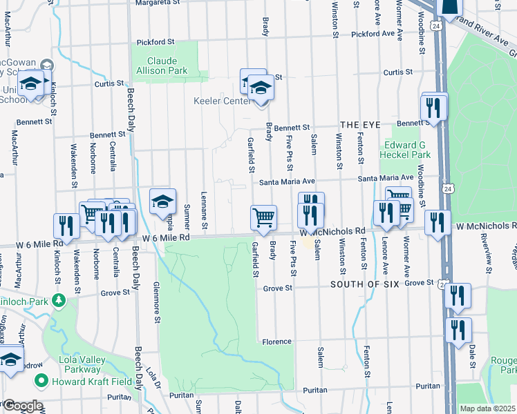 map of restaurants, bars, coffee shops, grocery stores, and more near 17182 Garfield in Redford Charter Township