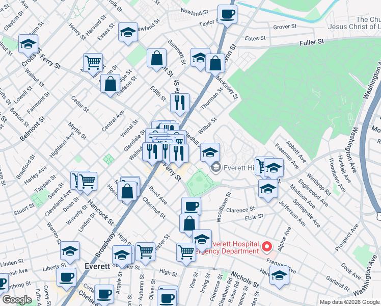 map of restaurants, bars, coffee shops, grocery stores, and more near 46 Sycamore Street in Everett