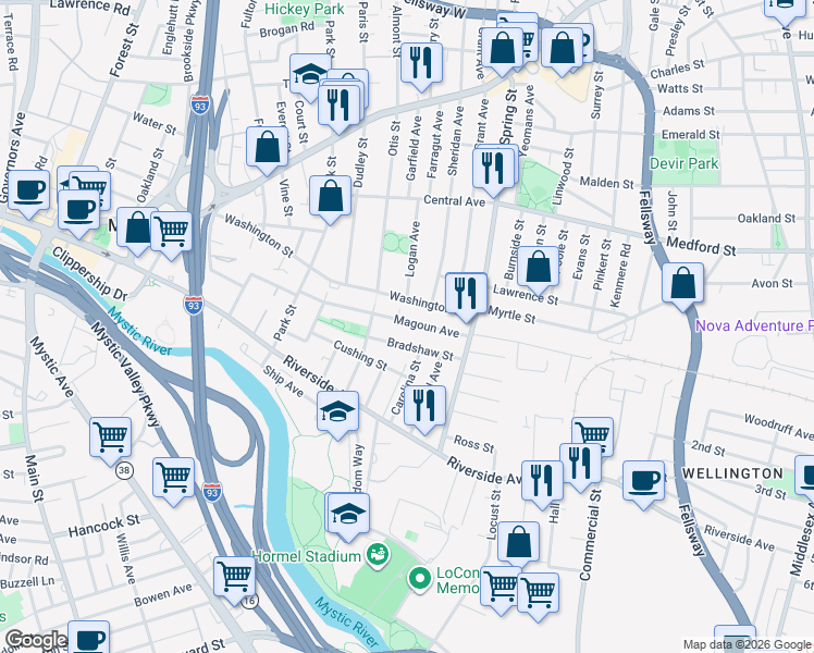 map of restaurants, bars, coffee shops, grocery stores, and more near 75 Magoun Avenue in Medford