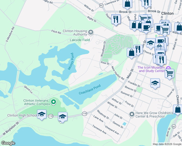 map of restaurants, bars, coffee shops, grocery stores, and more near 14 Pine Street Extension in Clinton