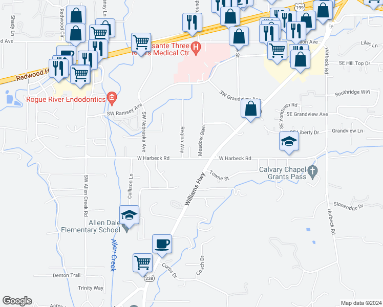 map of restaurants, bars, coffee shops, grocery stores, and more near 822 West Harbeck Road in Grants Pass