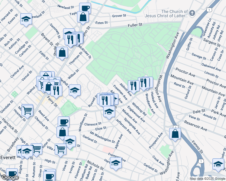 map of restaurants, bars, coffee shops, grocery stores, and more near 55 Adams Avenue in Everett