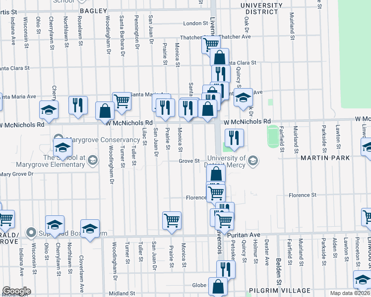 map of restaurants, bars, coffee shops, grocery stores, and more near 16850 Monica Street in Detroit