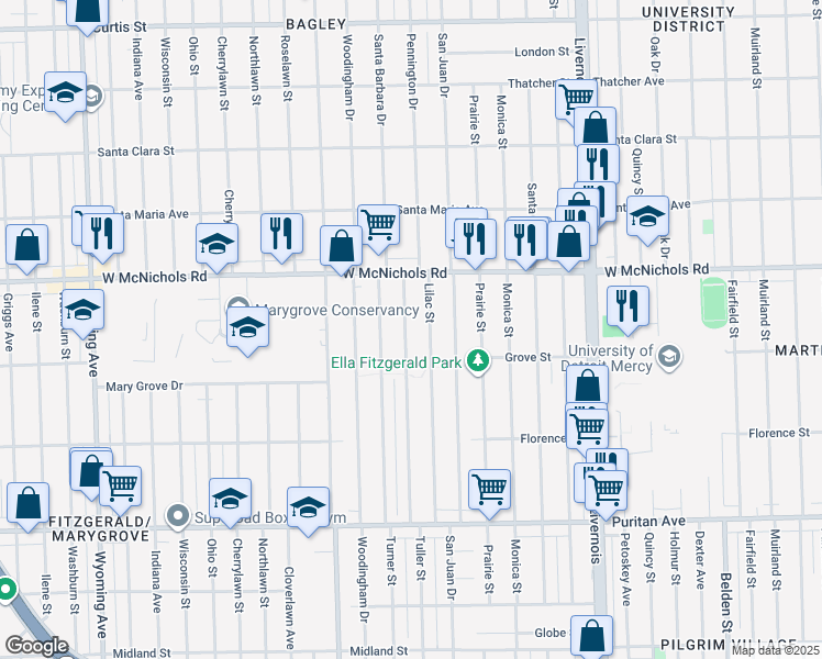 map of restaurants, bars, coffee shops, grocery stores, and more near 16730 Tuller Street in Detroit