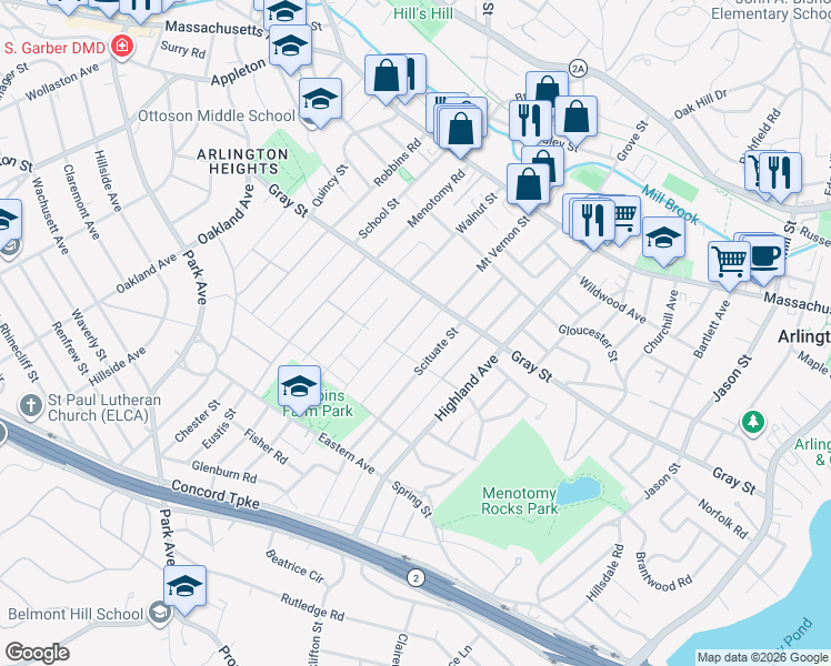 map of restaurants, bars, coffee shops, grocery stores, and more near 105 Mount Vernon Street in Arlington