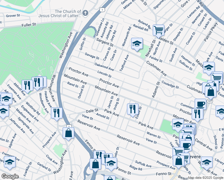 map of restaurants, bars, coffee shops, grocery stores, and more near 415 Mountain Avenue in Revere