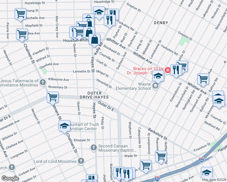 map of restaurants, bars, coffee shops, grocery stores, and more near 10791 Haverhill Street in Detroit