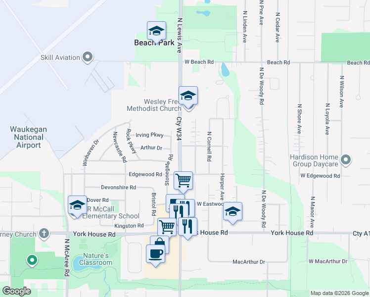 map of restaurants, bars, coffee shops, grocery stores, and more near 38117 North Lewis Avenue in Waukegan