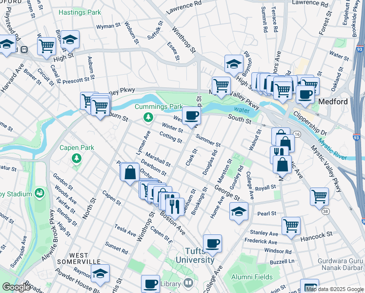 map of restaurants, bars, coffee shops, grocery stores, and more near 152 Winthrop Street in Medford