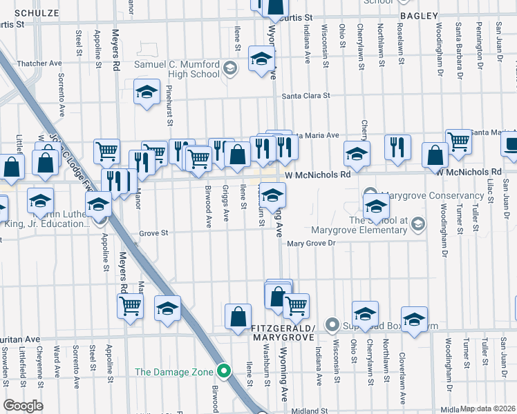 map of restaurants, bars, coffee shops, grocery stores, and more near 16871 Washburn Street in Detroit