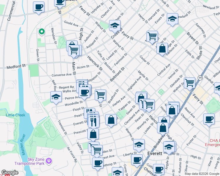 map of restaurants, bars, coffee shops, grocery stores, and more near 116 Bradford Street in Everett
