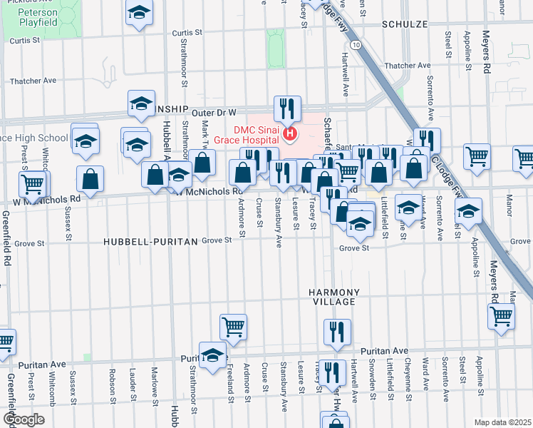 map of restaurants, bars, coffee shops, grocery stores, and more near 16886 Cruse Street in Detroit