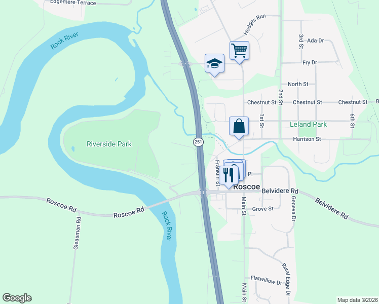 map of restaurants, bars, coffee shops, grocery stores, and more near 5245 Rowena Drive in Roscoe