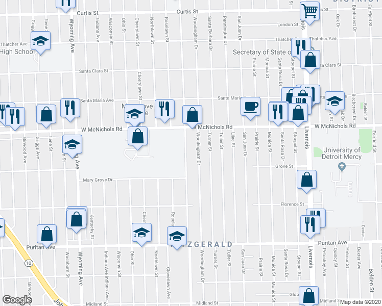 map of restaurants, bars, coffee shops, grocery stores, and more near 16730 Greenlawn Street in Detroit