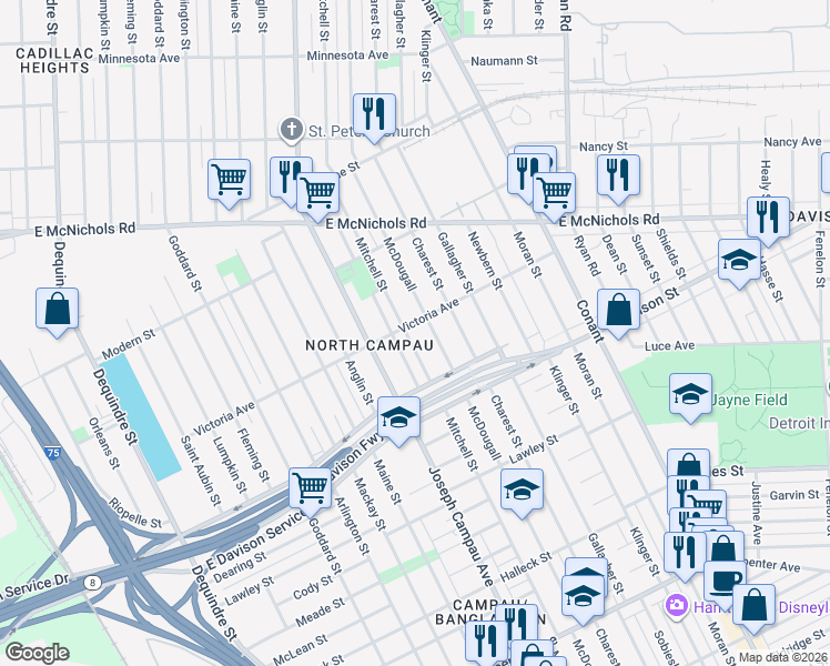 map of restaurants, bars, coffee shops, grocery stores, and more near 13558 Mitchell Street in Hamtramck