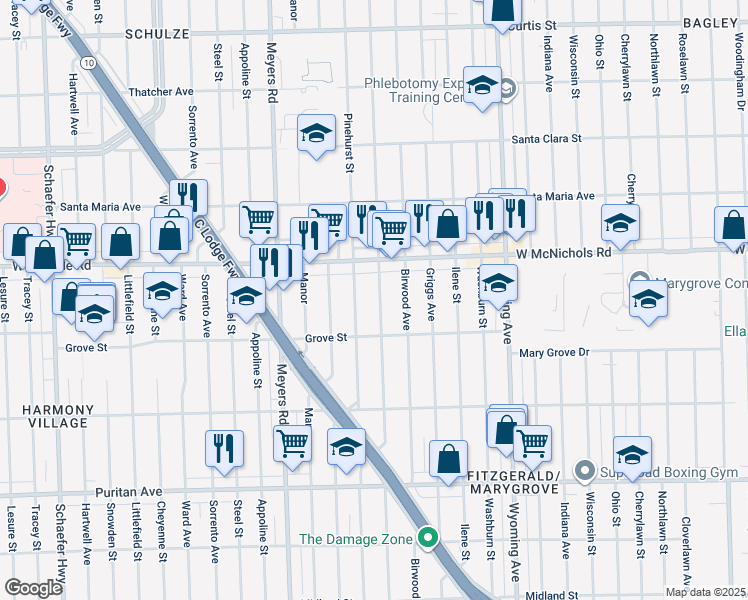 map of restaurants, bars, coffee shops, grocery stores, and more near 16875 Mendota Street in Detroit