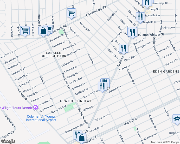 map of restaurants, bars, coffee shops, grocery stores, and more near 12043 Findlay Avenue in Detroit