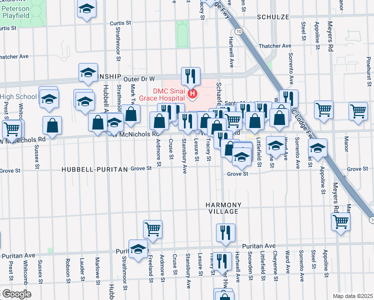 map of restaurants, bars, coffee shops, grocery stores, and more near 16876 Stansbury Avenue in Detroit