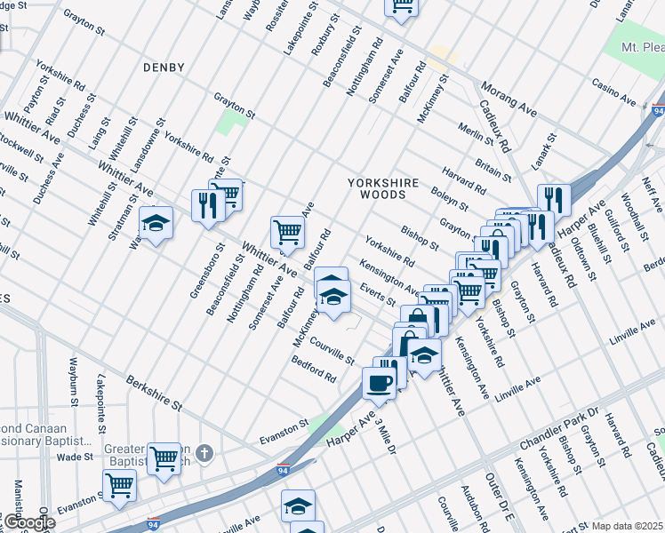 map of restaurants, bars, coffee shops, grocery stores, and more near 10001 McKinney Street in Detroit