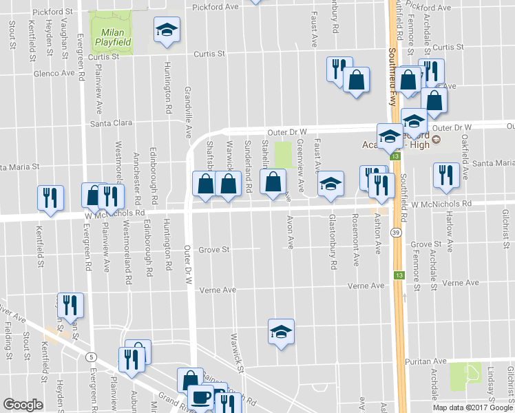 map of restaurants, bars, coffee shops, grocery stores, and more near 18932 West McNichols Road in Detroit