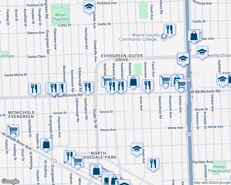 map of restaurants, bars, coffee shops, grocery stores, and more near 3050 Warwick Street in Detroit