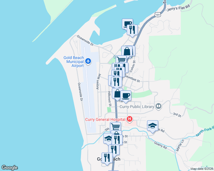 map of restaurants, bars, coffee shops, grocery stores, and more near 29772 Hillcrest Street in Gold Beach