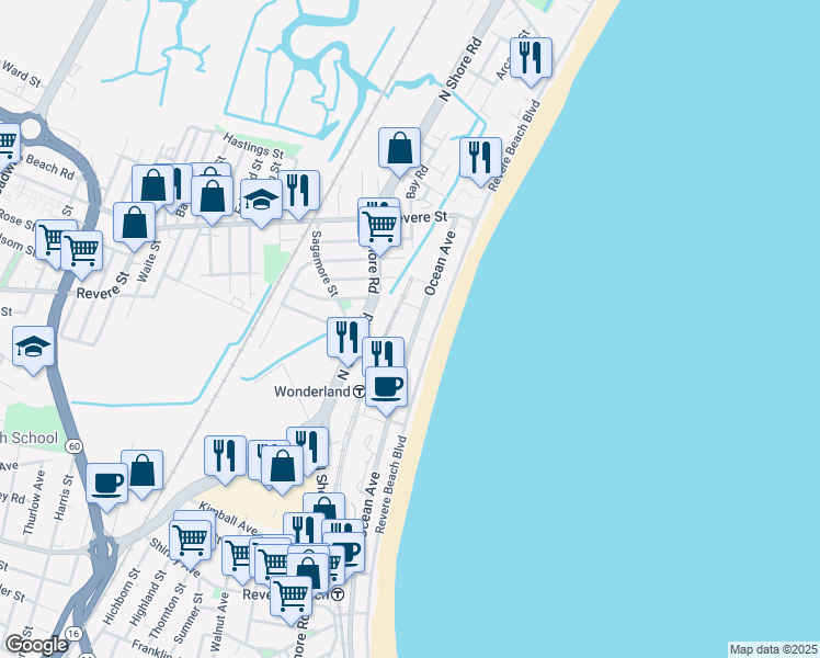 map of restaurants, bars, coffee shops, grocery stores, and more near 650 Ocean Avenue in Revere