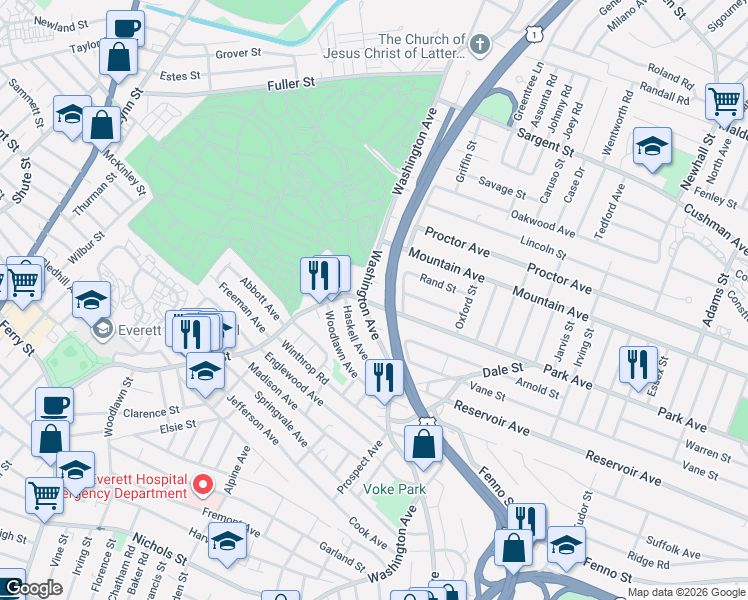 map of restaurants, bars, coffee shops, grocery stores, and more near 127 Washington Avenue in Revere