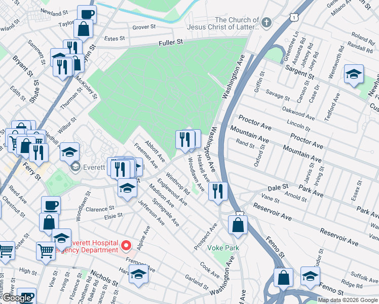 map of restaurants, bars, coffee shops, grocery stores, and more near 311 Elm Street in Everett