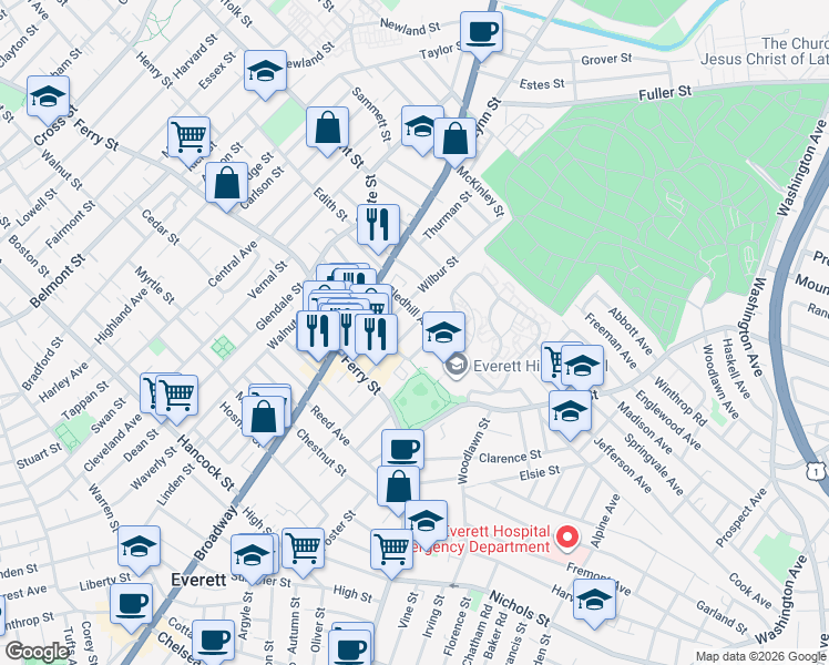 map of restaurants, bars, coffee shops, grocery stores, and more near 46 Sycamore Street in Everett