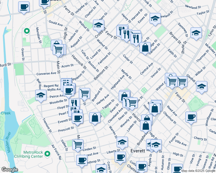 map of restaurants, bars, coffee shops, grocery stores, and more near 185 Hancock St in Everett