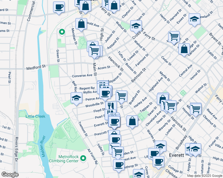 map of restaurants, bars, coffee shops, grocery stores, and more near 220 Bucknam Street in Everett