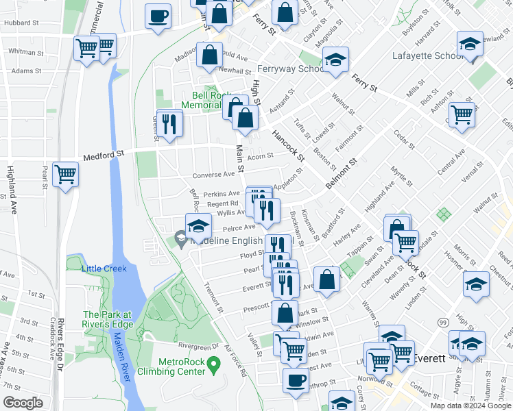 map of restaurants, bars, coffee shops, grocery stores, and more near 10 Belmont Street in Malden