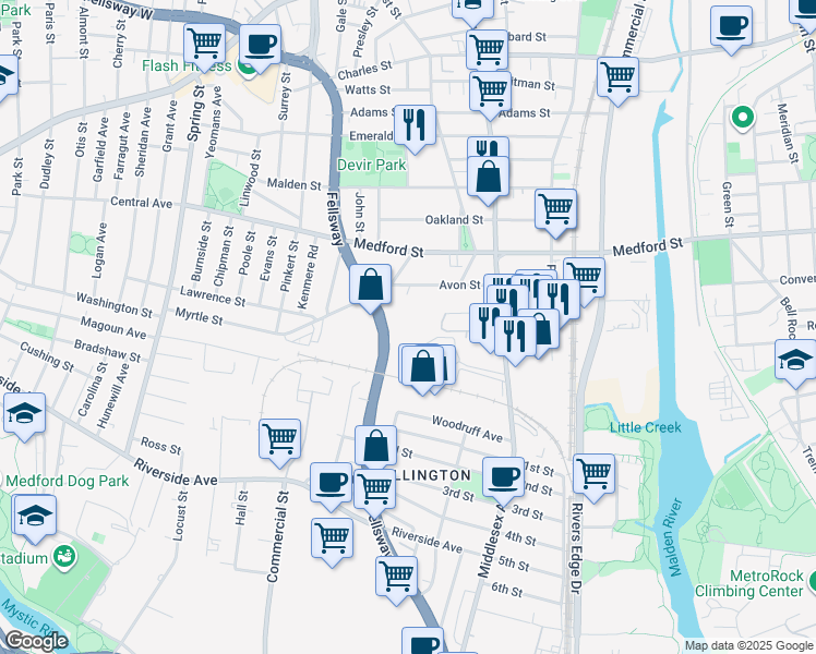 map of restaurants, bars, coffee shops, grocery stores, and more near 983 Fellsway in Medford
