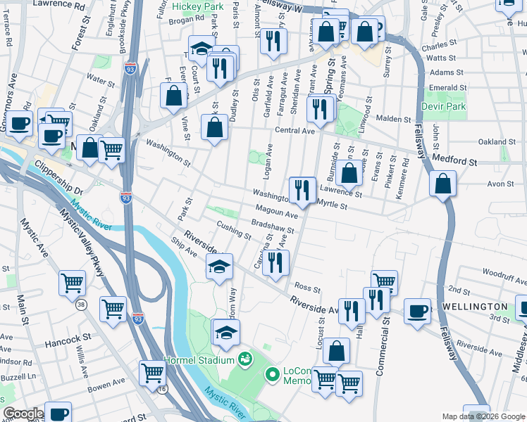 map of restaurants, bars, coffee shops, grocery stores, and more near 75 Magoun Avenue in Medford