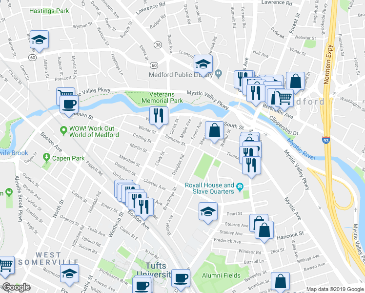 map of restaurants, bars, coffee shops, grocery stores, and more near 114 Summer Street in Medford