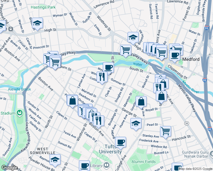 map of restaurants, bars, coffee shops, grocery stores, and more near 152 Winthrop Street in Medford