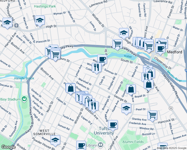 map of restaurants, bars, coffee shops, grocery stores, and more near 152 Winthrop Street in Medford