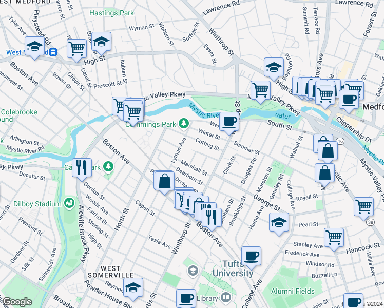 map of restaurants, bars, coffee shops, grocery stores, and more near 34 Martin Street in Medford