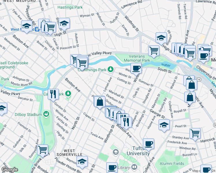 map of restaurants, bars, coffee shops, grocery stores, and more near 50 Lyman Avenue in Medford