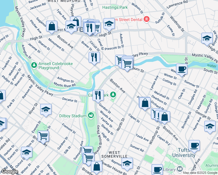 map of restaurants, bars, coffee shops, grocery stores, and more near 501 Mystic Valley Parkway in Somerville