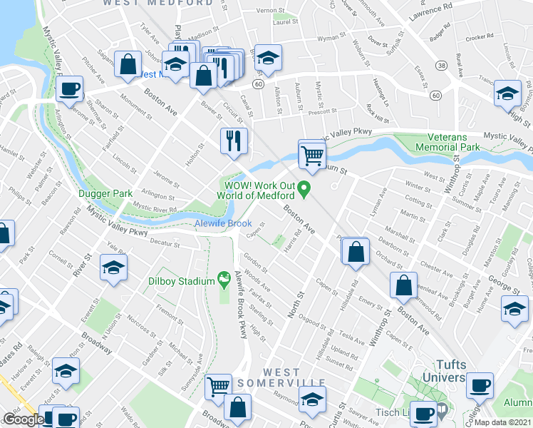 map of restaurants, bars, coffee shops, grocery stores, and more near 501 Mystic Valley Parkway in Somerville