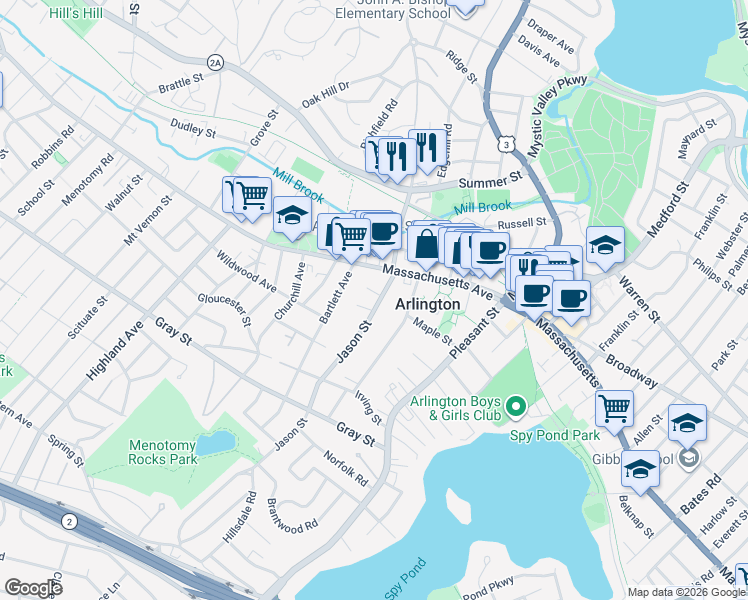 map of restaurants, bars, coffee shops, grocery stores, and more near 15 Jason Street in Arlington