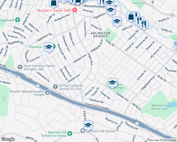 map of restaurants, bars, coffee shops, grocery stores, and more near 8 Prospect Avenue in Arlington