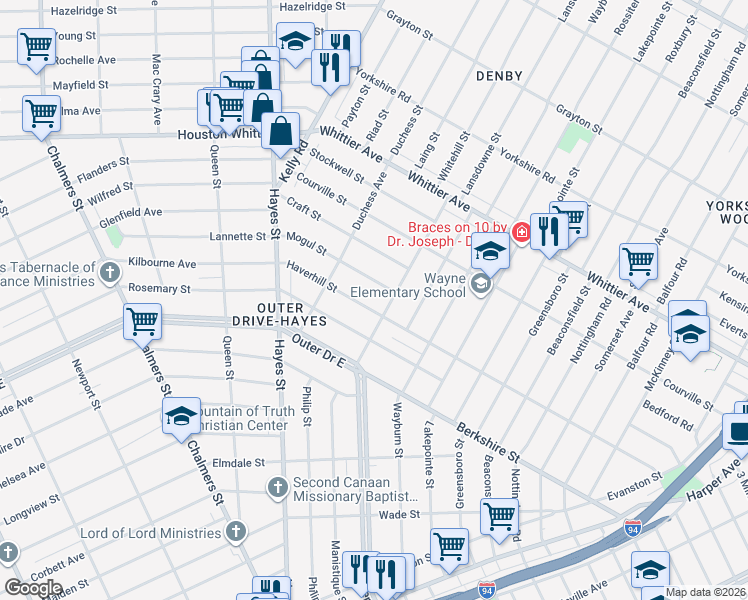 map of restaurants, bars, coffee shops, grocery stores, and more near 10721 Whitehill Street in Detroit