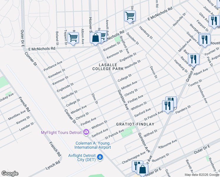 map of restaurants, bars, coffee shops, grocery stores, and more near 11540 College Street in Detroit