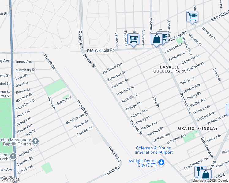 map of restaurants, bars, coffee shops, grocery stores, and more near 12730 Conner Street in Detroit