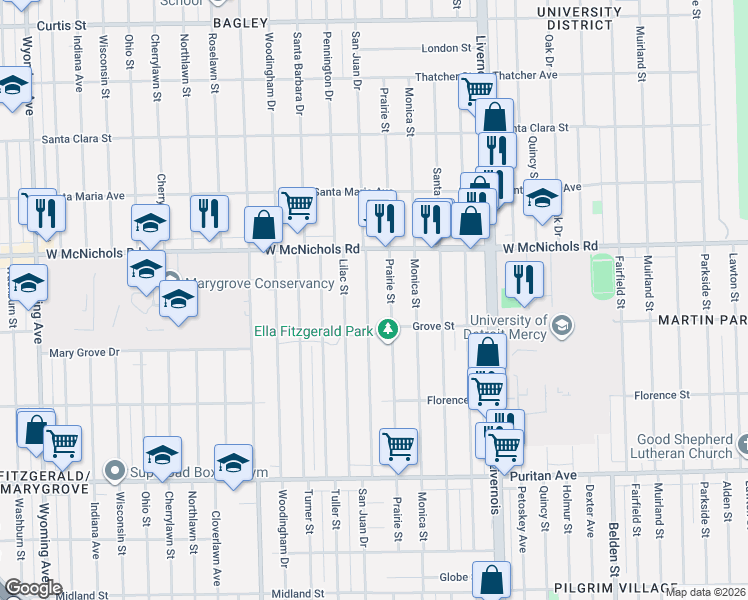 map of restaurants, bars, coffee shops, grocery stores, and more near 16859 San Juan Drive in Detroit