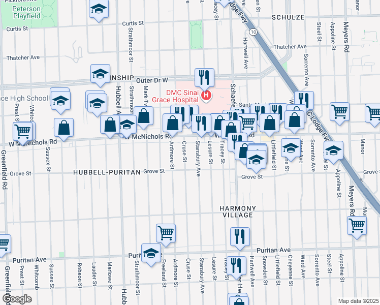 map of restaurants, bars, coffee shops, grocery stores, and more near 16886 Cruse Street in Detroit